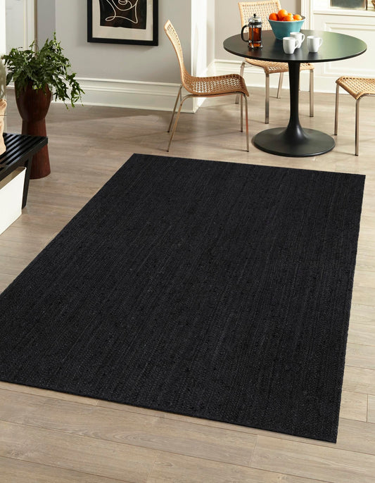 Black handwoven jute area rug in living room modern farmhouse decor durable natural fiber carpet