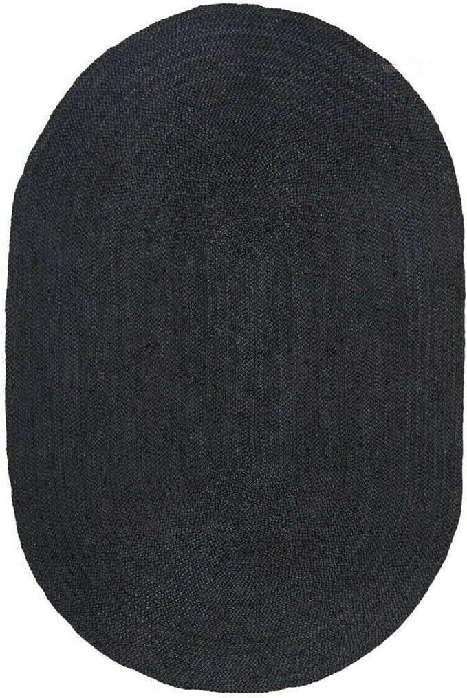 Black oval jute rug handmade woven natural fiber floor rug