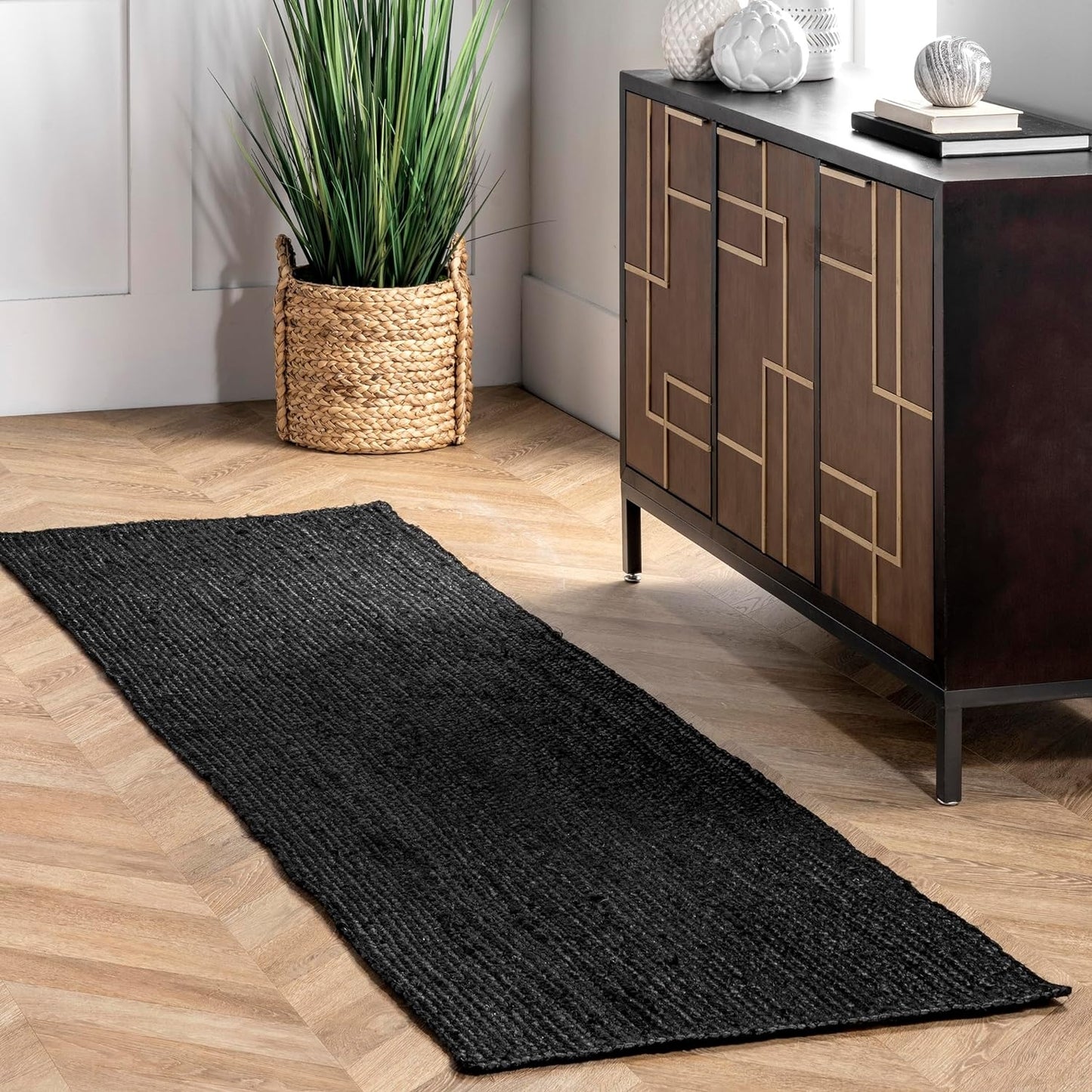 Black jute runner rug for hallway handmade natural fiber long rug