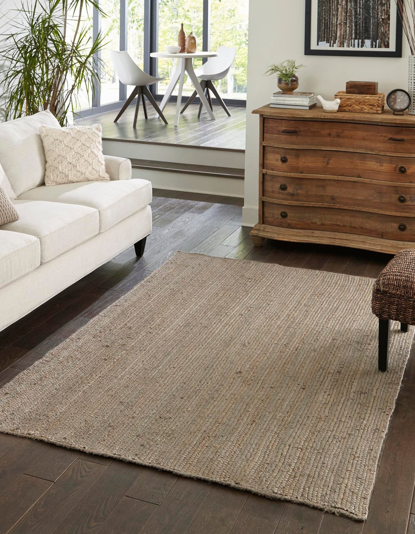 Gray jute area rug in living room handmade natural fiber rug modern farmhouse decor durable carpet