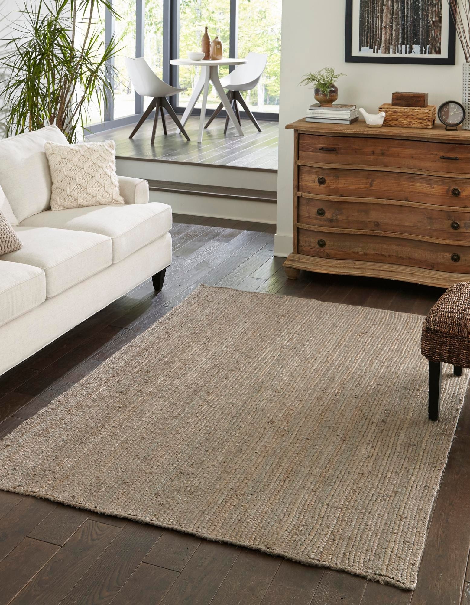 Gray jute area rug in living room handmade natural fiber rug modern farmhouse decor durable carpet