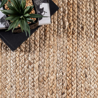 Woven jute rug with a plant and decorative items on top