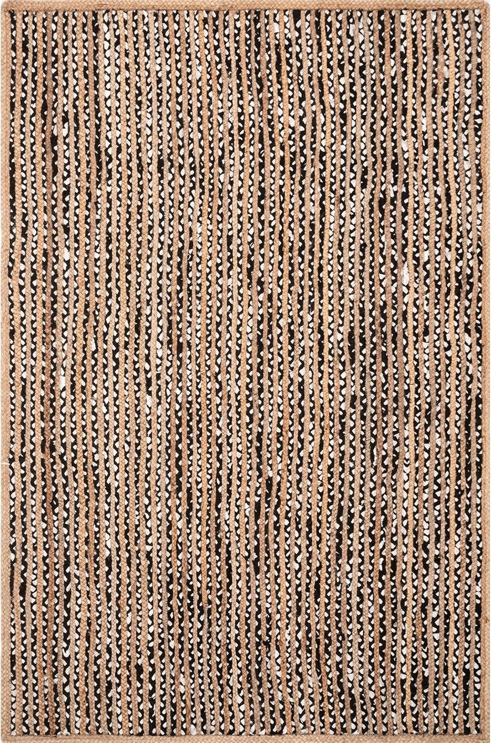 Textured beige and brown area rug with a woven pattern
