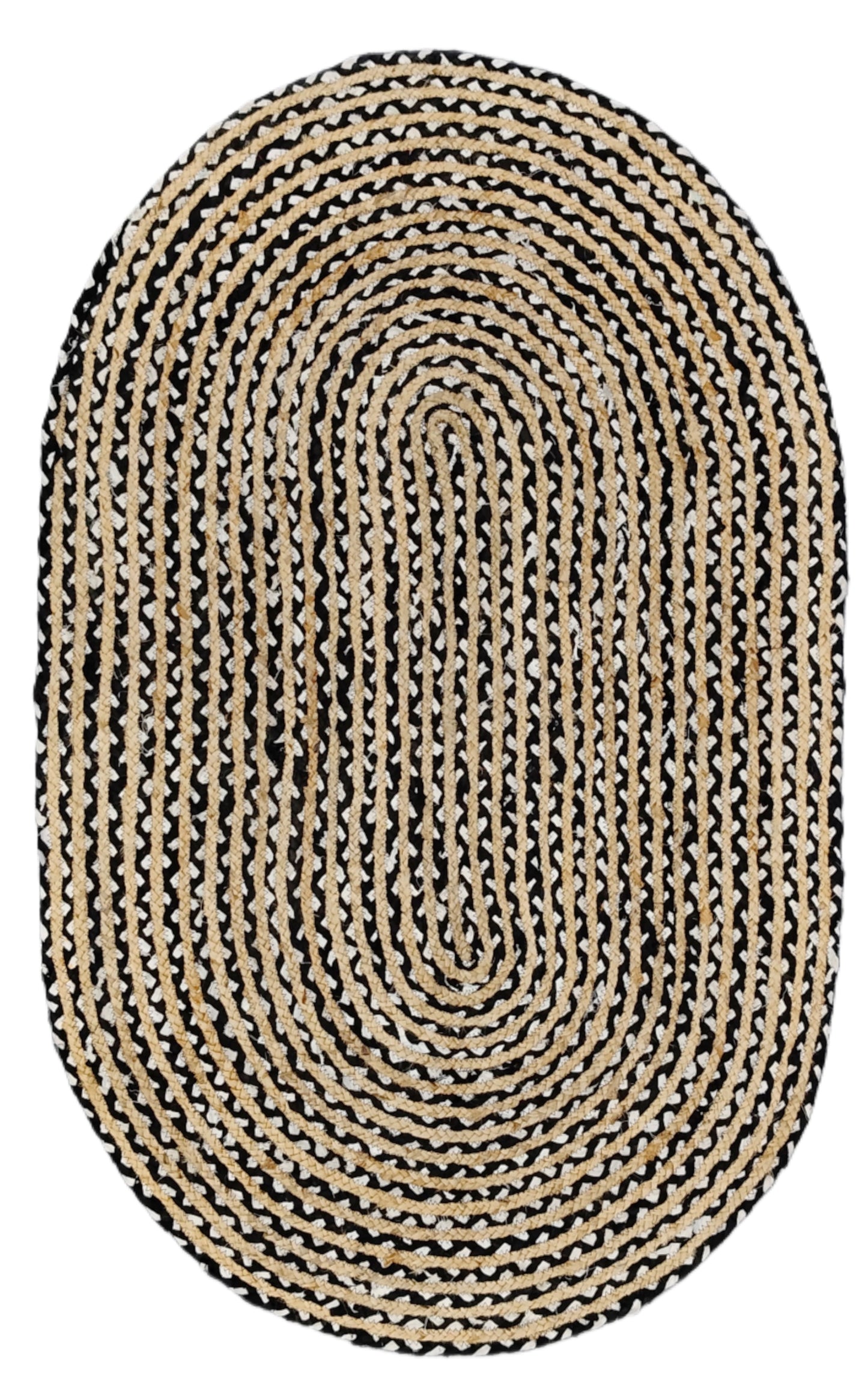 Oval-shaped braided rug with a natural pattern on a white background
