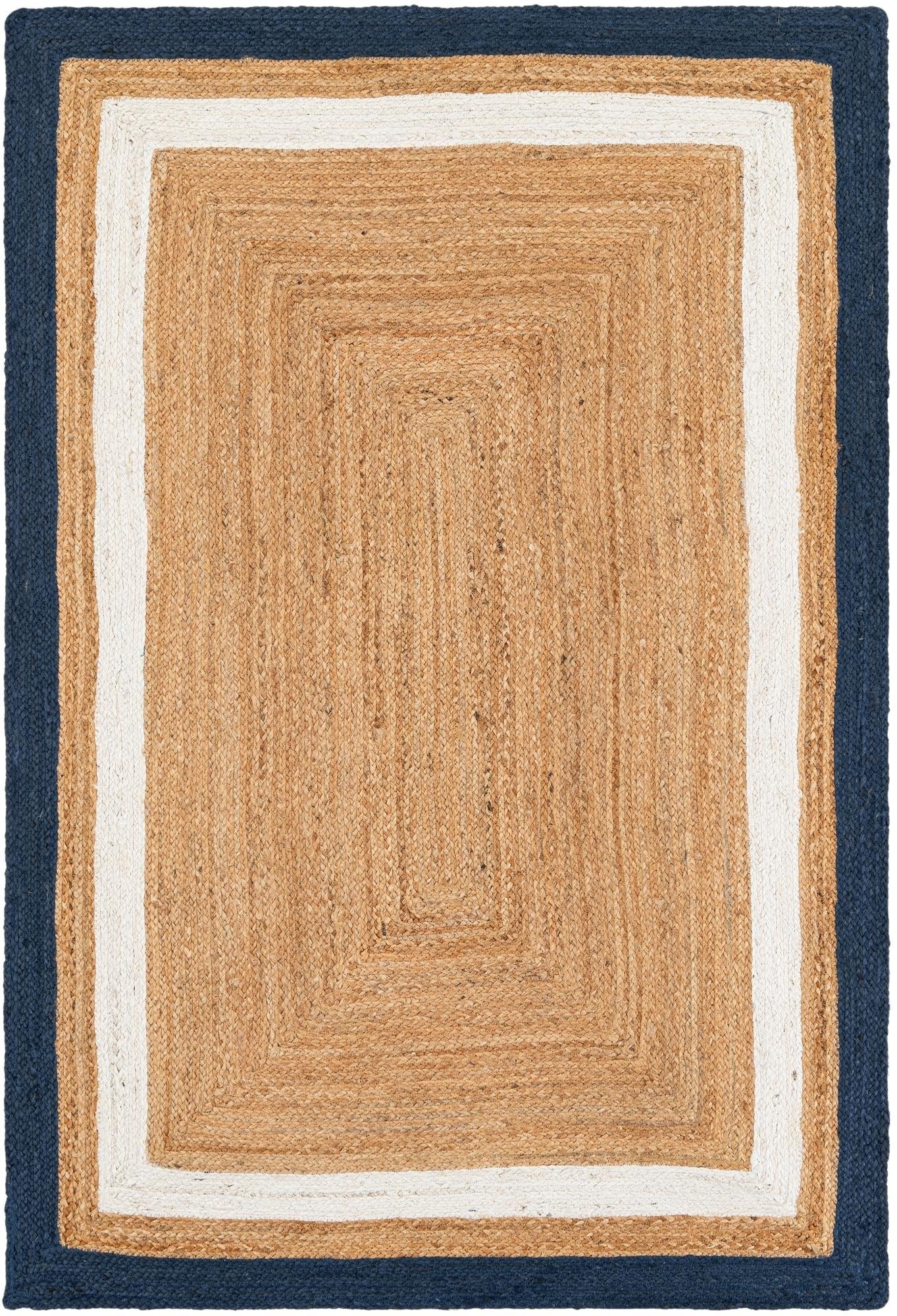 Rectangular braided rug with a beige center, white border, and navy outer border.