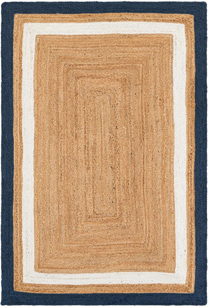 Rectangular braided rug with a beige center, white border, and navy outer border.