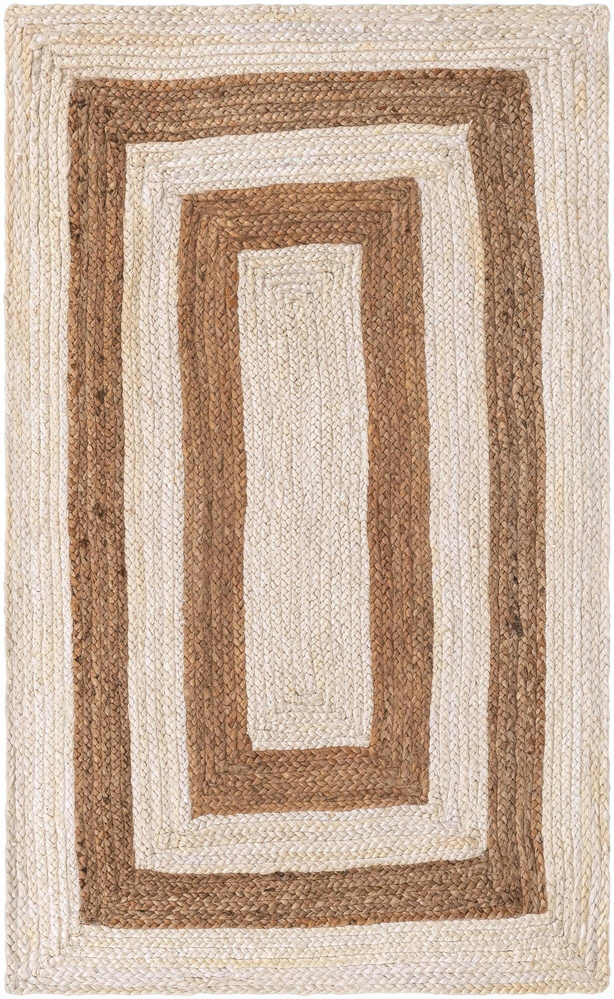 Rectangular braided rug with brown and beige stripes on a white background