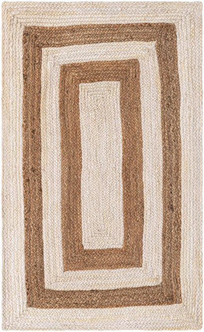 Rectangular braided rug with brown and beige stripes on a white background