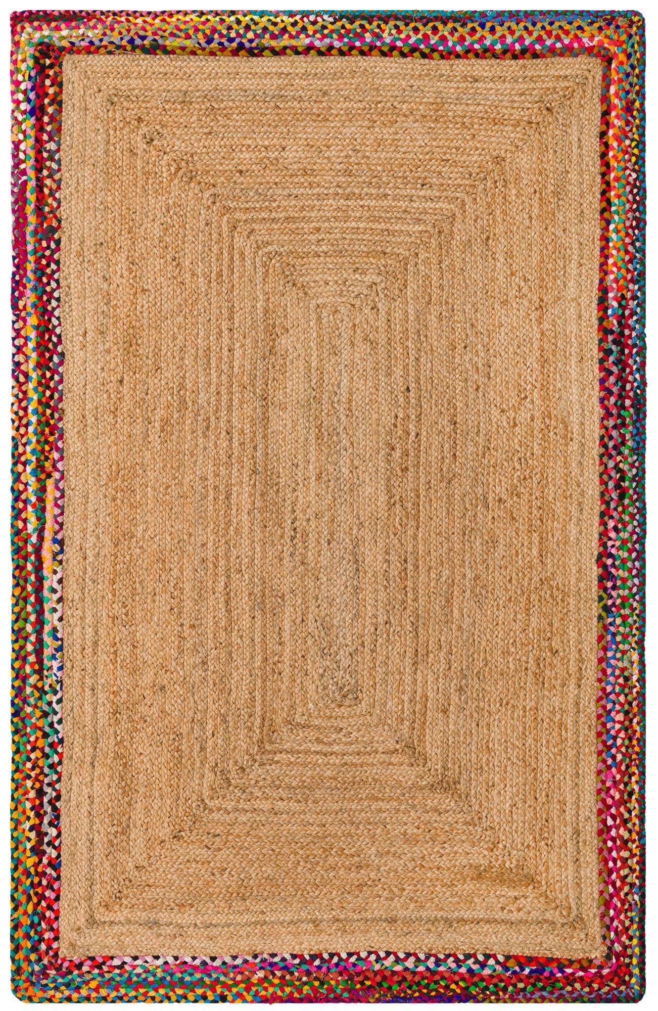 Rectangular natural jute area rug with colorful braided border, handwoven boho farmhouse floor rug for living room and bedroom