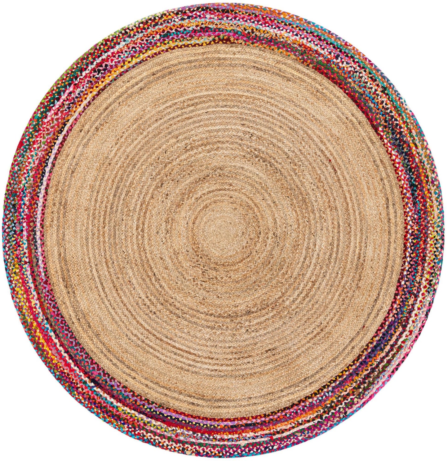 Round natural jute rug with colorful braided border, handmade boho style woven floor rug for bedroom and entryway