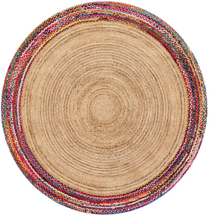 Round natural jute rug with colorful braided border, handmade boho style woven floor rug for bedroom and entryway