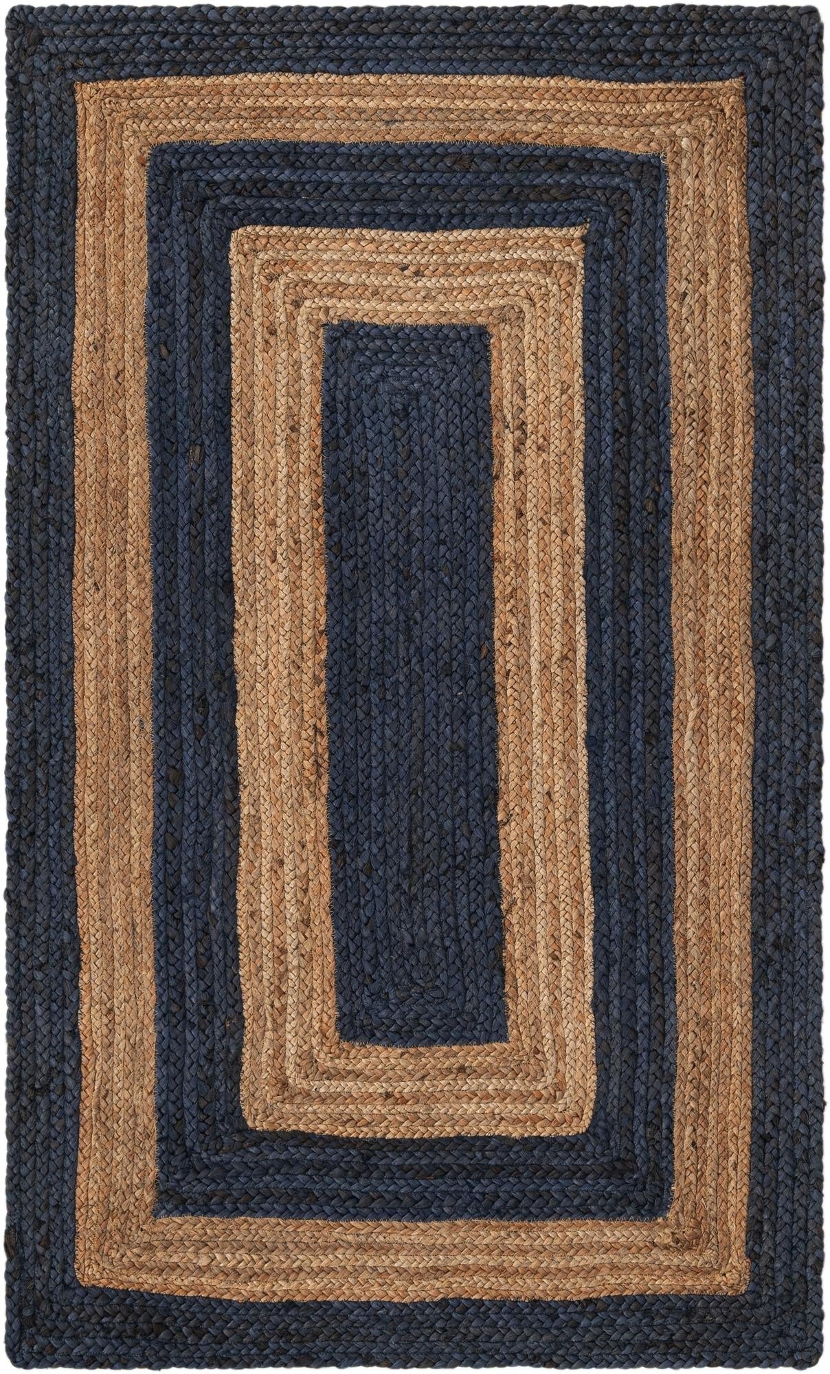 Rectangular navy blue and natural jute braided rug, handmade woven area rug with modern farmhouse style for living room and bedroom