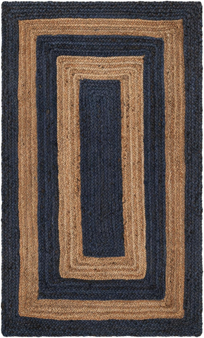 Rectangular navy blue and natural jute braided rug, handmade woven area rug with modern farmhouse style for living room and bedroom