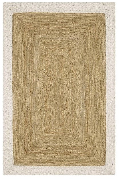 Rectangular natural jute area rug with white border, handwoven farmhouse boho floor rug for living room, bedroom, and hallway décor