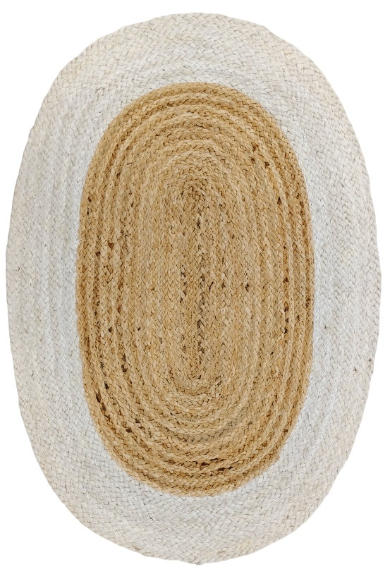 Oval natural jute rug with white border, handmade braided farmhouse rug for bedroom, entryway, and cozy home décor
