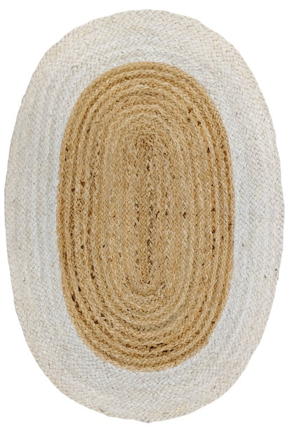 Oval natural jute rug with white border, handmade braided farmhouse rug for bedroom, entryway, and cozy home décor