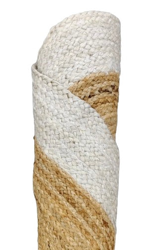 Rolled-up jute mat with natural beige and white colors on a white background