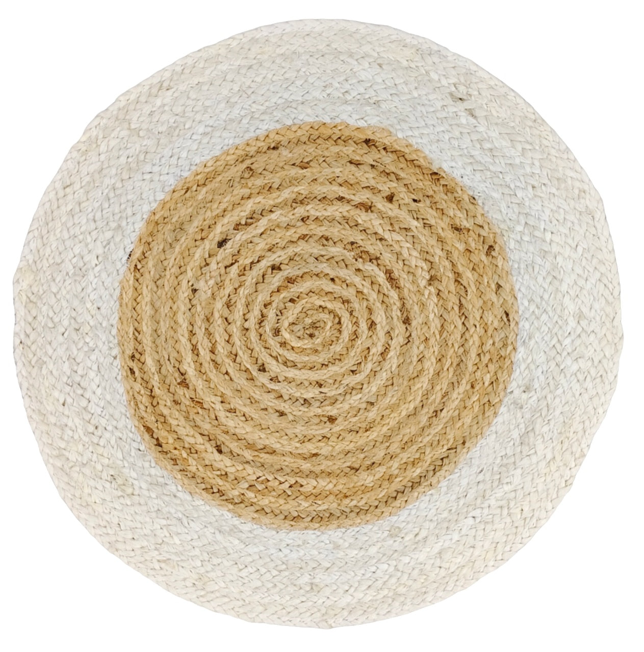 Round natural and white jute braided rug, handwoven boho farmhouse floor rug for living room and modern home styling