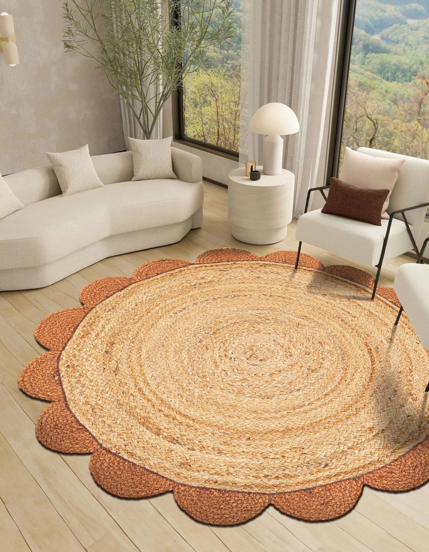 Round natural jute braided rug with burnt orange scalloped border, stylish boho farmhouse floor rug ideal for living room, nursery, reading corner, and cozy interiors