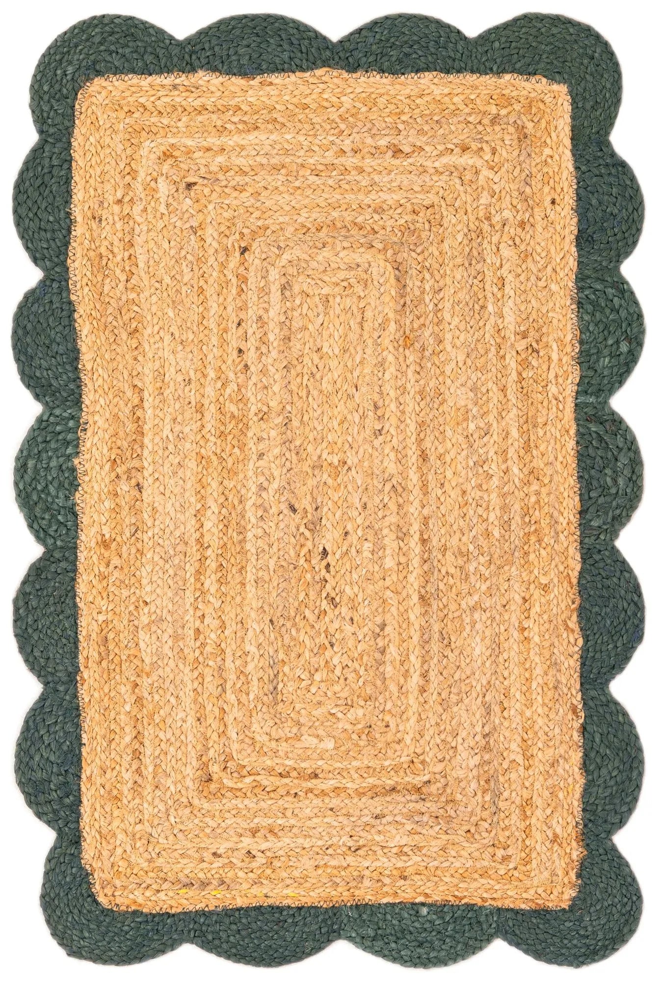 Rectangular natural jute rug with dark green scalloped border, handwoven farmhouse boho floor rug for living room and hallway décor