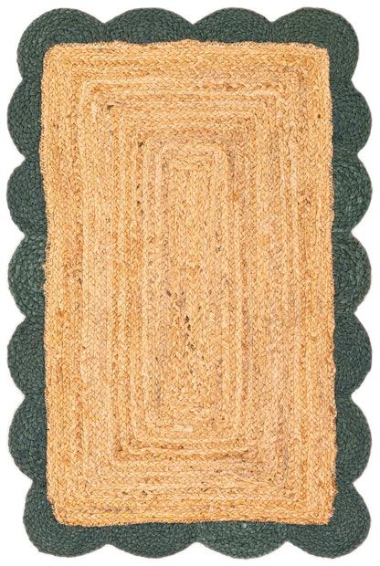 Rectangular natural jute rug with dark green scalloped border, handwoven farmhouse boho floor rug for living room and hallway décor