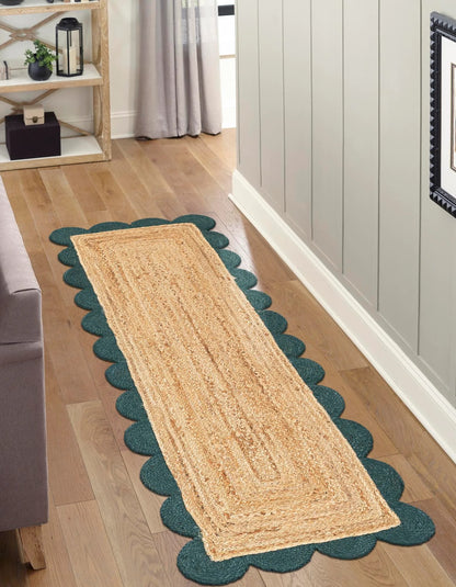 Long runner jute rug with green scalloped edges, handmade woven hallway rug for entryway, kitchen, and farmhouse home styling