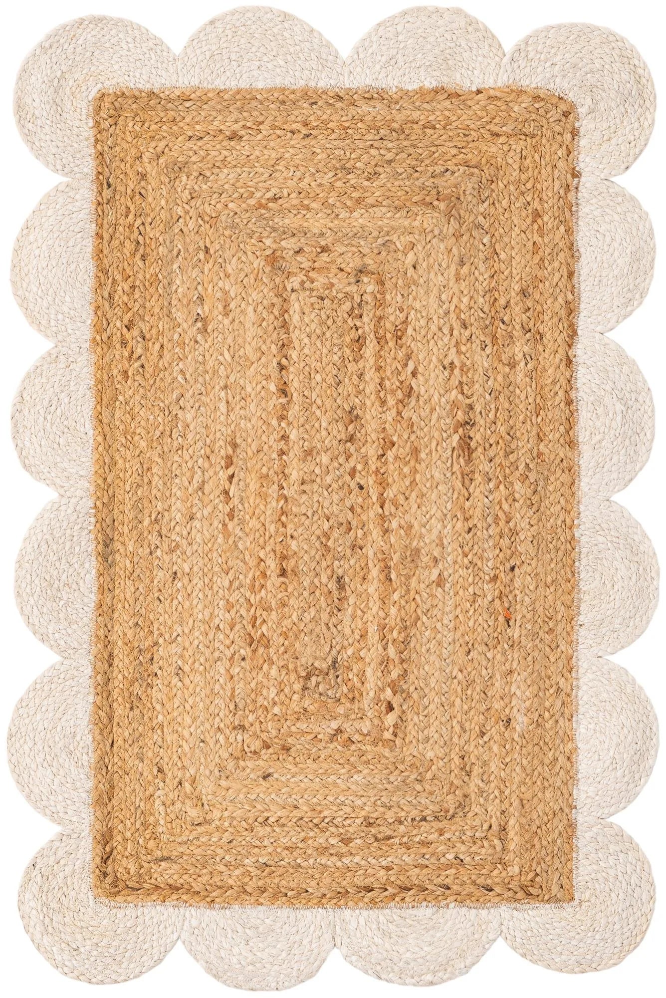Front view of natural jute rug with white scalloped edge, showing premium braided texture, durable weave, and elegant handcrafted finish