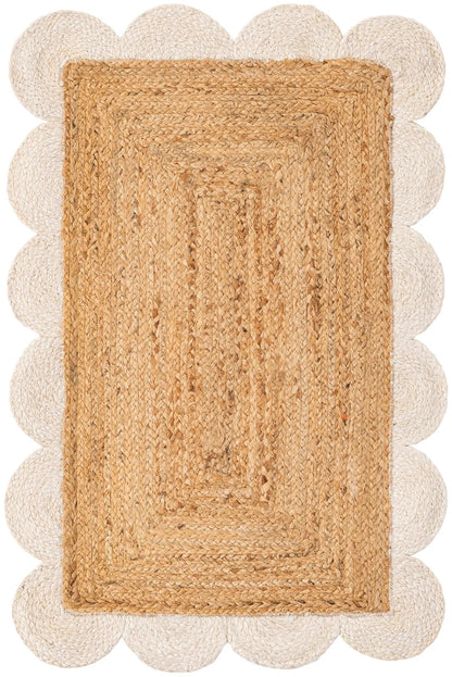 Front view of natural jute rug with white scalloped edge, showing premium braided texture, durable weave, and elegant handcrafted finish