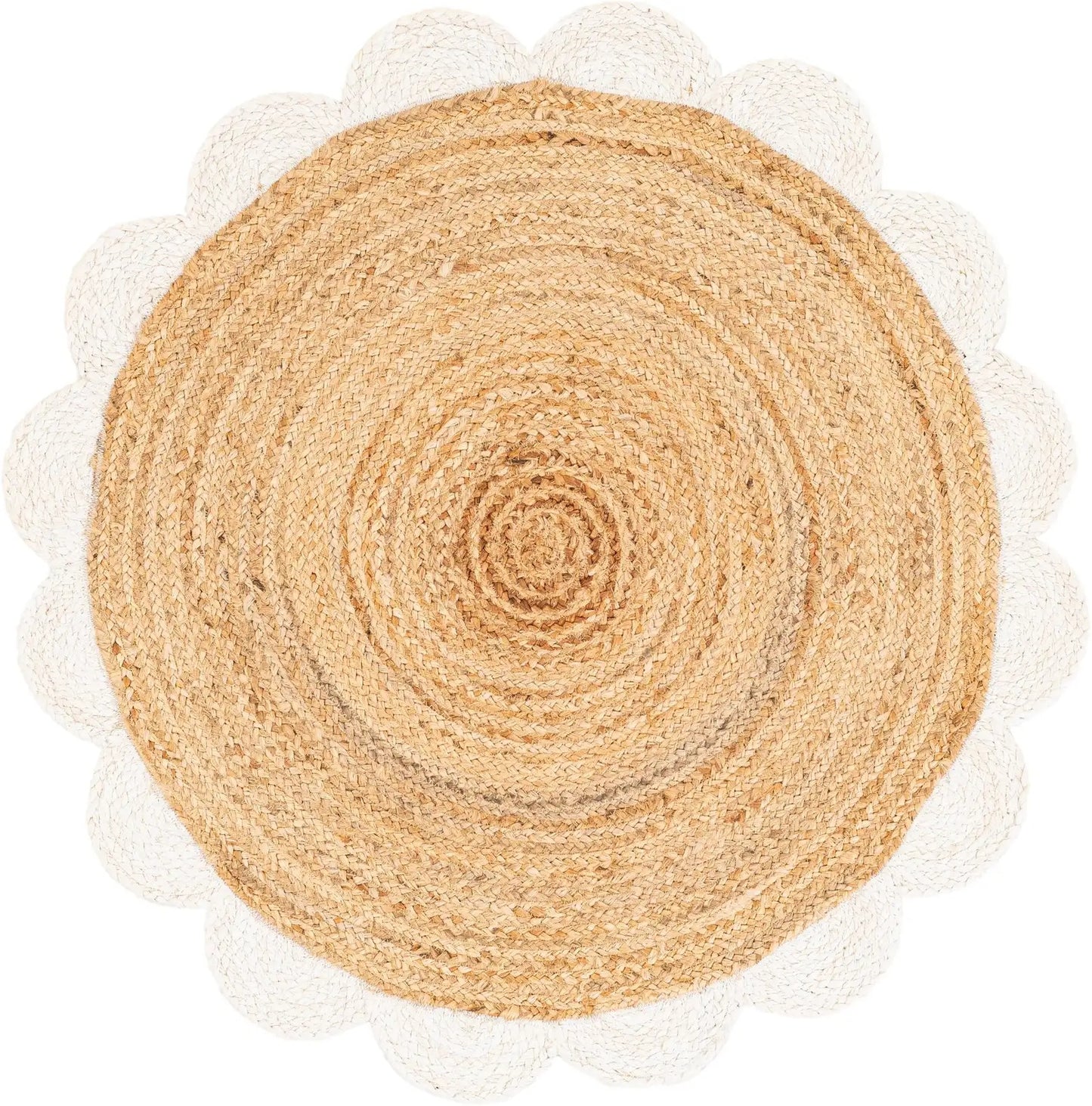 Round natural jute braided rug with white scalloped border, boho farmhouse floor rug for living room, nursery, and cozy interior styling