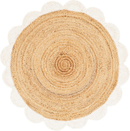 Round natural jute braided rug with white scalloped border, boho farmhouse floor rug for living room, nursery, and cozy interior styling