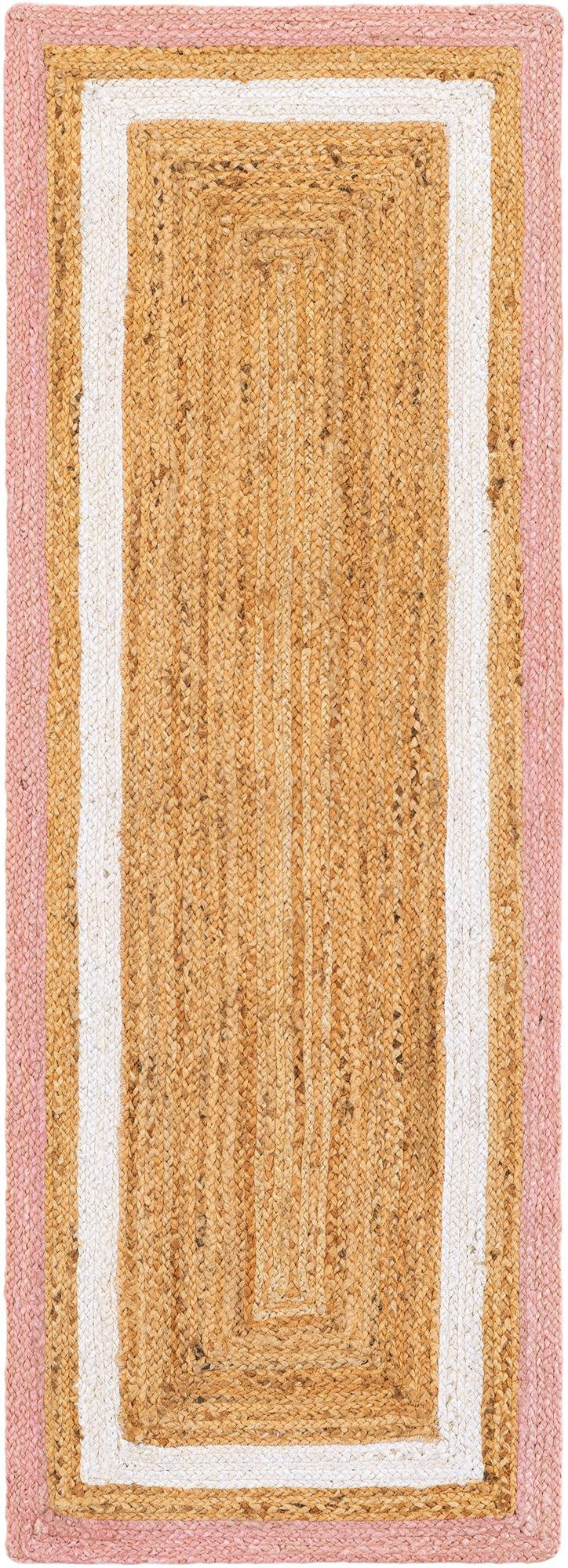 Rectangular jute rug with a pink border on a plain background