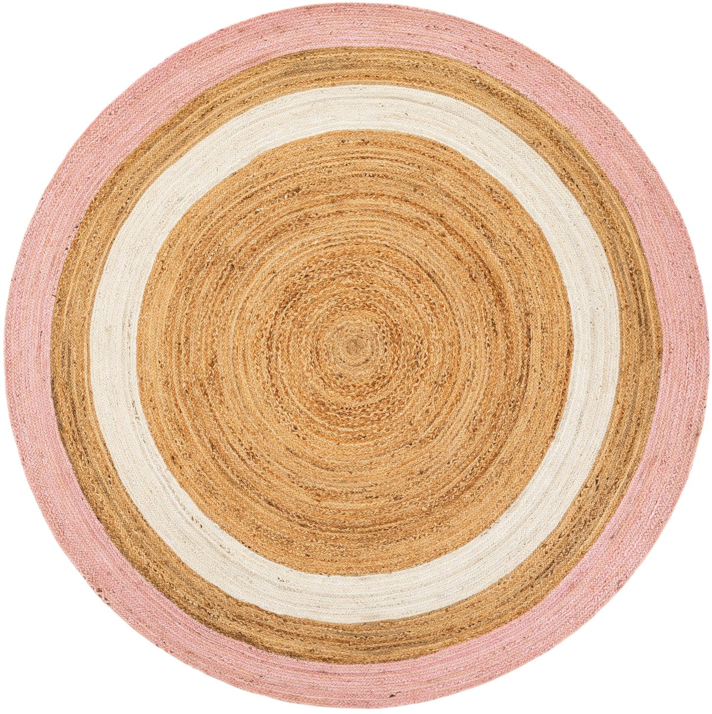 Round natural jute braided rug with pink and white striped border, handmade boho farmhouse floor rug for nursery, living room, and modern interiors