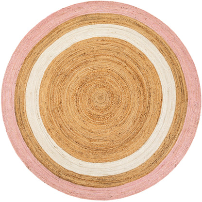 Round natural jute braided rug with pink and white striped border, handmade boho farmhouse floor rug for nursery, living room, and modern interiors
