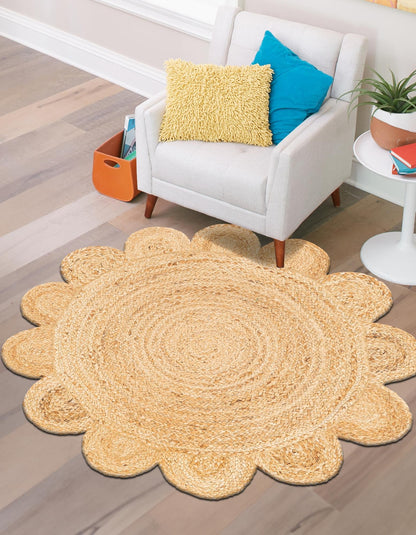 Round jute rug on a wooden floor with a white chair and colorful cushions in the background.