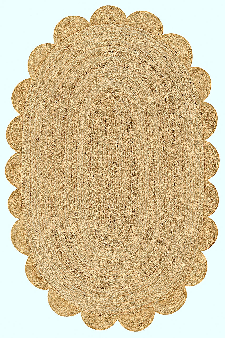 Beige braided rug on a light blue background