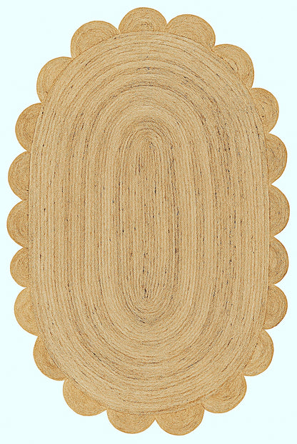Beige braided rug on a light blue background