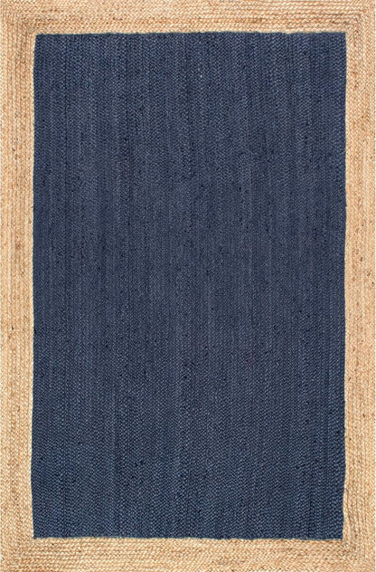 Navy blue rug with a natural border