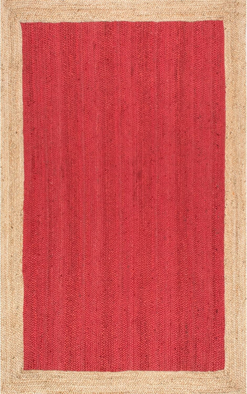 Red woven rug with a natural border on a plain background