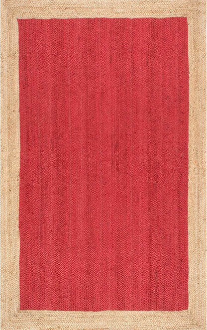 Red woven rug with a natural border on a plain background
