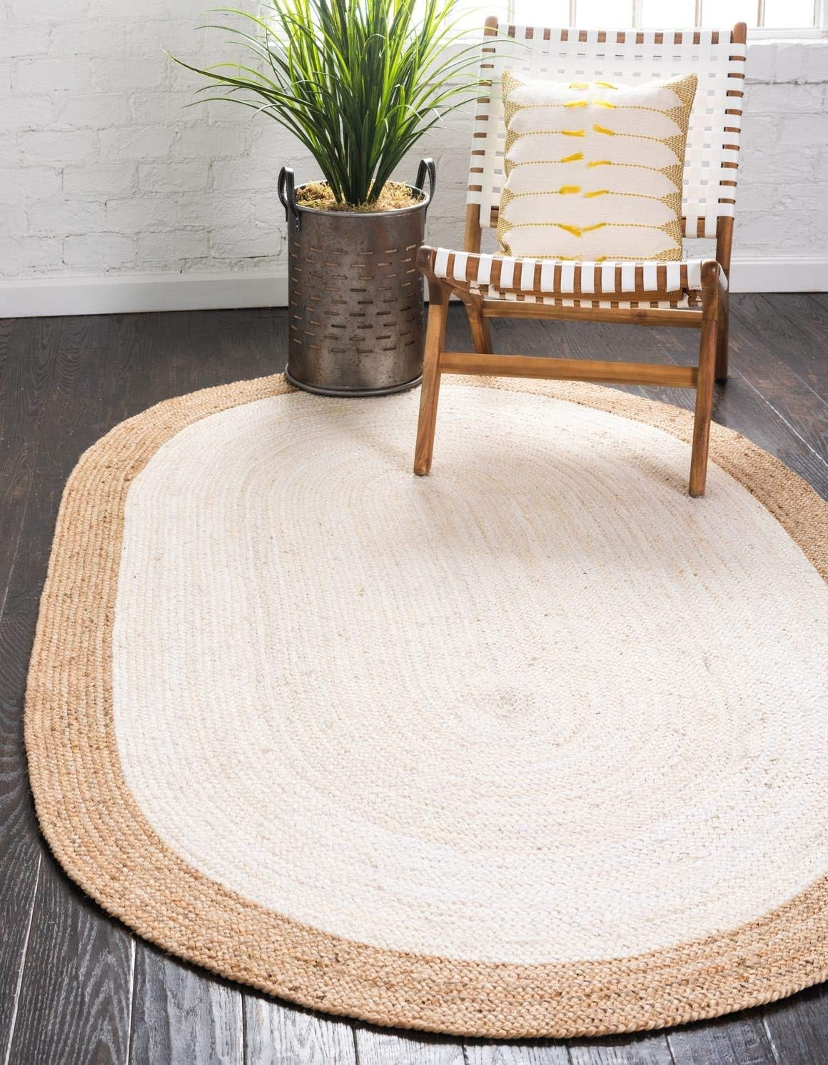 Natural White and Jute Oval Area Rug for Living Room, Handwoven Braided Farmhouse Floor Rug for Bedroom, Entryway and Boho Home Décor