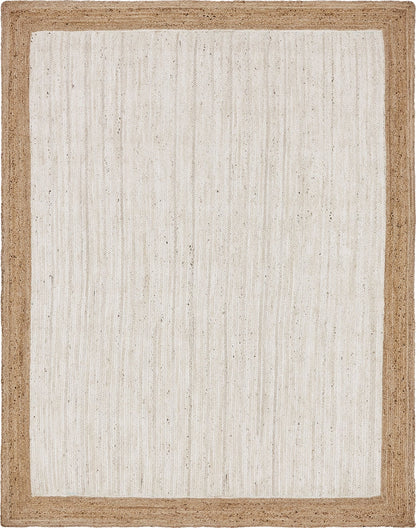 Beige area rug with a natural border