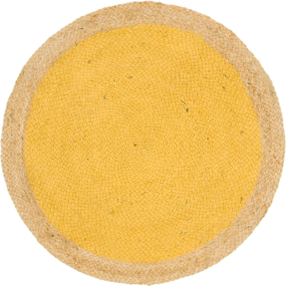 Round yellow rug with natural border on a white background