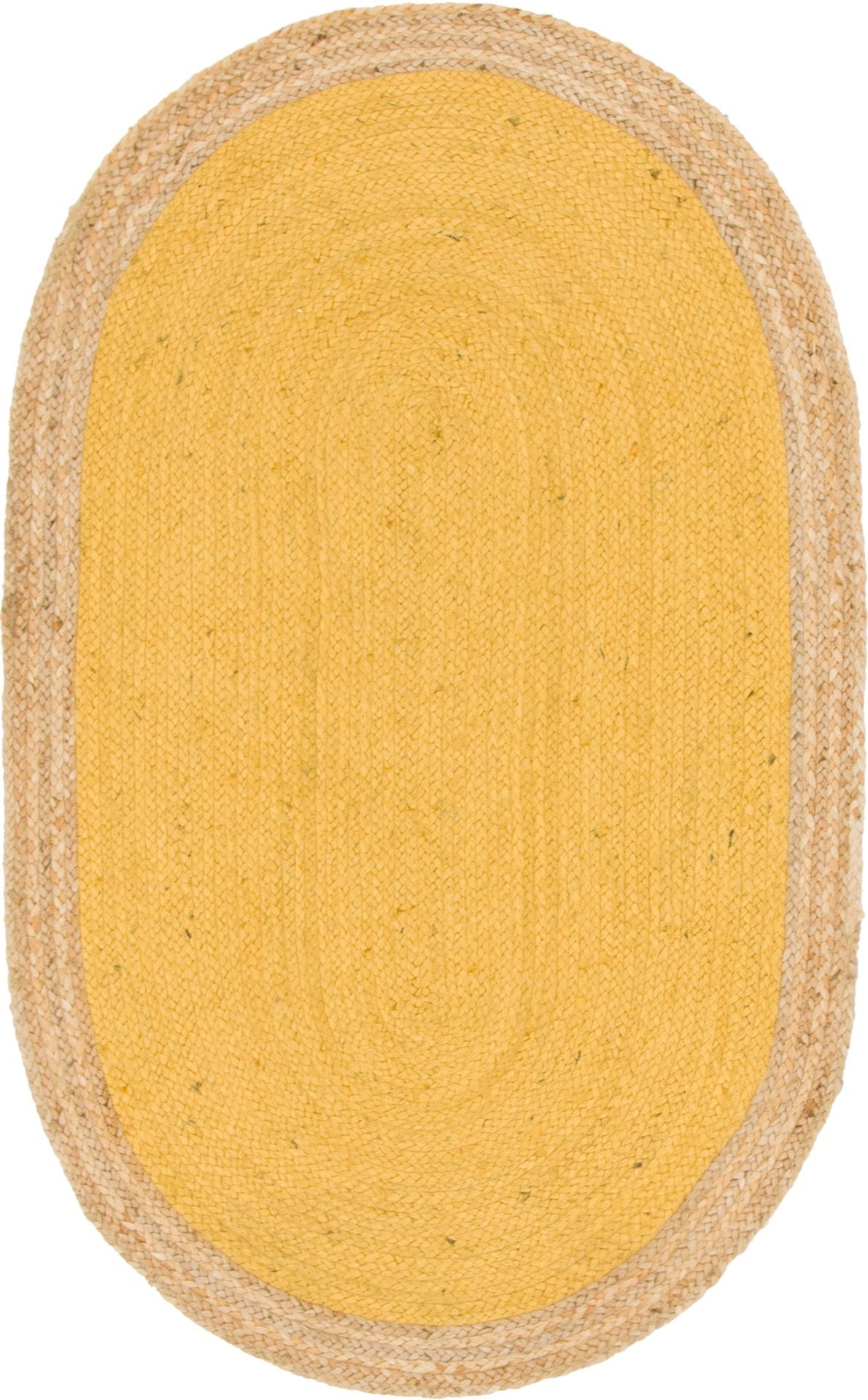 Yellow oval rug with a natural border on a white background