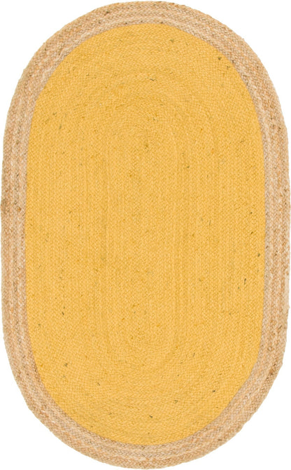 Yellow oval rug with a natural border on a white background