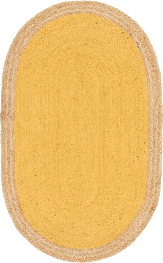 Yellow oval rug with a natural border on a white background