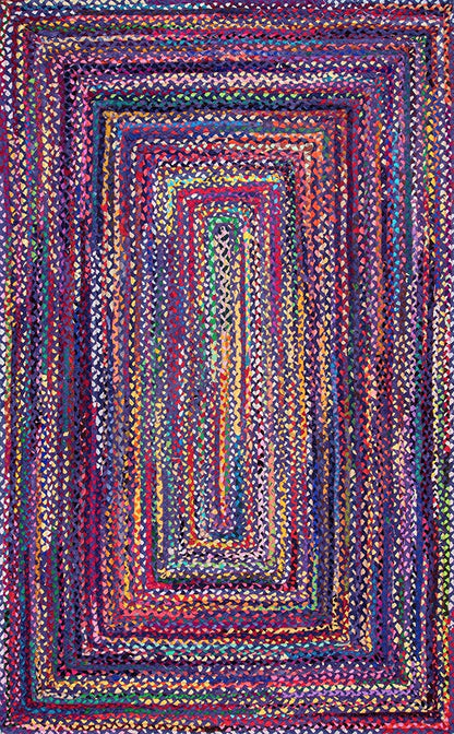 Multicolored braided rug with concentric square pattern