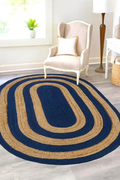 Oval navy blue and natural jute braided area rug, handwoven farmhouse boho floor rug for living room, bedroom, and home décor