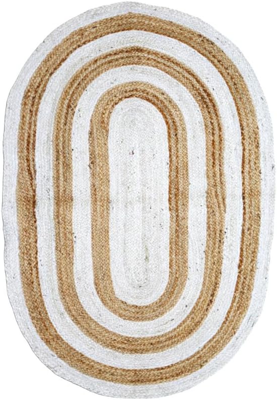 Oval braided rug with concentric brown and white stripes on a white background