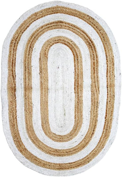 Oval braided rug with concentric brown and white stripes on a white background