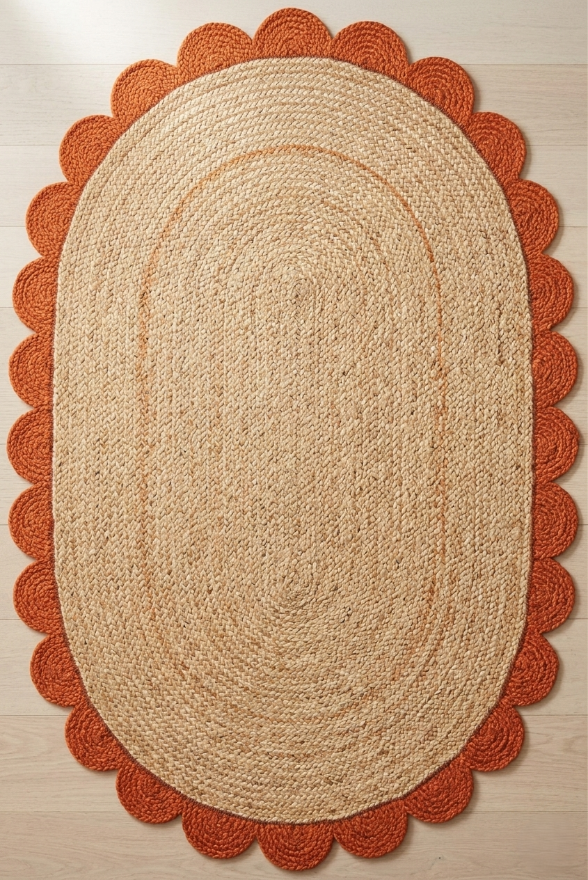 Oval natural jute area rug with orange scalloped edge, handcrafted woven floor rug for bedroom, entryway, kitchen, office, and warm modern home décor